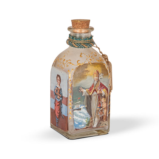 Bottiglia della manna di San Nicola 500 ml in vetro antichizzato dipinta a mano
